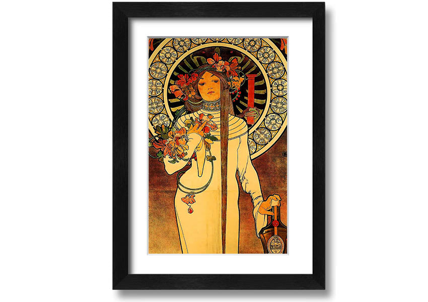 Framed print of Alphonse Mucha's La Trappistine artwork, showcasing intricate details and vibrant colors.